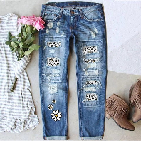 Jeans Strappati Blu Lavato Donna Casual Distressed Stampa Floreale Orchidea Pantaloni Denim Gamba Dritta Patch Leopardo Vita Media