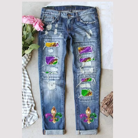 Women's Ripped Straight Leg Jeans Cotton Denim Distressed Blue Pants With Sequin Fleur-de-lis Leopard Print Patterns