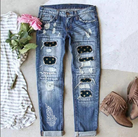 Pantaloni Jeans da Donna Casual Strappati Gamba Dritta Stampa a Stelle Denim Lavato in Cotone per Streetwear
