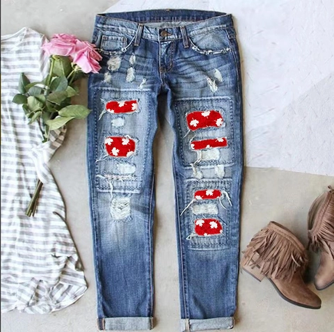 Jeans a Gamba Dritta Strappati da Donna in Denim di Cotone Pantaloni Lavati Effetto Consumato Con Toppa a Foglia di Acero Rossa Vita Media