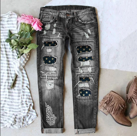 Pantaloni Jeans da Donna Casual Strappati Gamba Dritta Stampa a Stelle Denim Lavato in Cotone per Streetwear