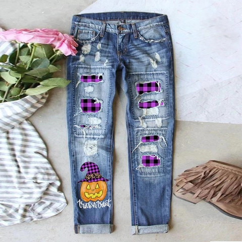 Women's Halloween Distressed Jeans Washed Cotton Ripped Denim Pants With Pumpkin Skull Prints Street Casual Straight Pants
