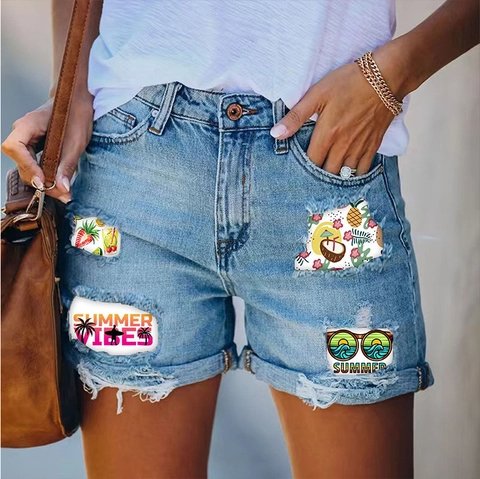 Women's Light Blue Ripped Denim Shorts Summer Vibes Fruit Print High Waisted Distressed Roll Up Hem Jeans Shorts