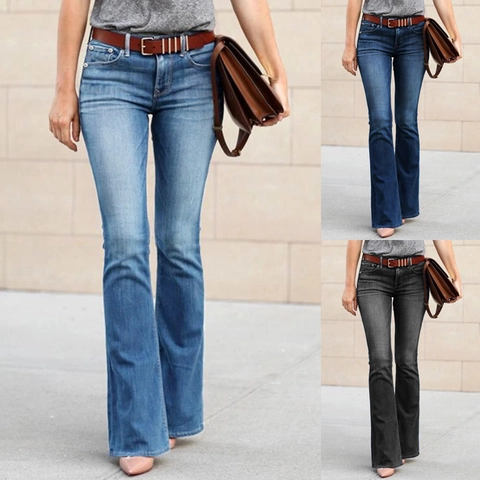 Damen High Waist Schlagjeans Slim Fit Gewaschene Denim Bell Bottom Lange Hose Streetwear Stretch Vintage Hose
