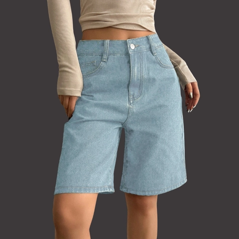 Women High Waist Denim Bermuda Shorts Elastic Wide Leg Straight Loose Casual Jean Shorts Vintage Washed Streetwear Bottoms