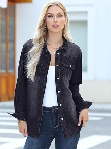 Women Vintage Washed Denim Jacket Casual Long Sleeve Grey Black Button Down Denim Shirt Jacket Outerwear With Chest Pockets