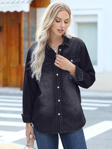 Women Vintage Washed Denim Jacket Casual Long Sleeve Grey Black Button Down Denim Shirt Jacket Outerwear With Chest Pockets