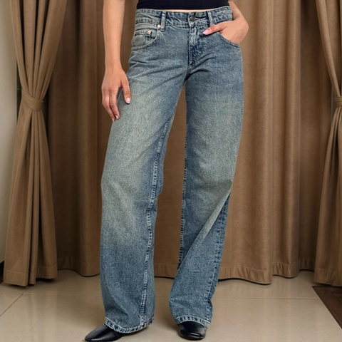 Damen Amerikanischer Retro High Waist Wide Leg Jeans Gewaschene Denim Hose Lockere Gerade Hose Für Damen Casual Streetwear