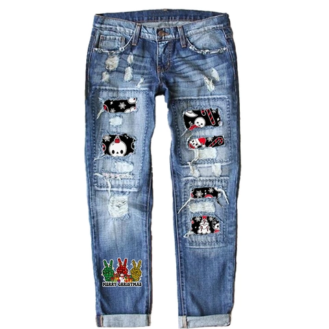 Damen Weihnachten High Waist Ripped Denim Jeans Bedruckte Haremshose Mit Weihnachtsmannmütze Totenkopf Schneemann Muster Streetwear Lange Hose