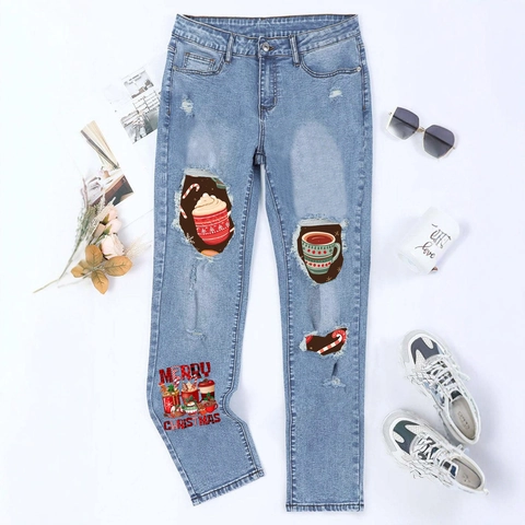 Pantaloni in Denim Donna Natale Strappati Gamba Dritta Merry Christmas Stampati Lavati Casual Vita Media in Cotone
