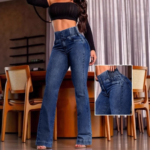 Damen Schlagjeans Mit Hoher Taille Po-Lifting Elastischer Gesmokter Bund Mehrere Knöpfe Ausgestellte Denimhose Retro-Hosen
