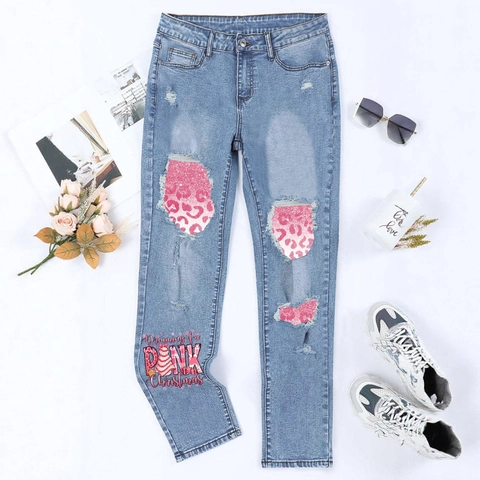 Jeans Natalizi da Donna con Stampa Leopardata Rosa Distressed Paillettes Strappati Blu Chiaro Gamba Dritta Denim Lavato Streetwear