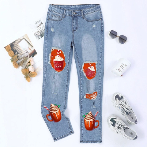 Damen Weihnachten Zerrissene Bedruckte Jeans Gerade Schnitt Mittlere Taille Gewaschene Denim Hose Mit Schneeflocke Streetwear