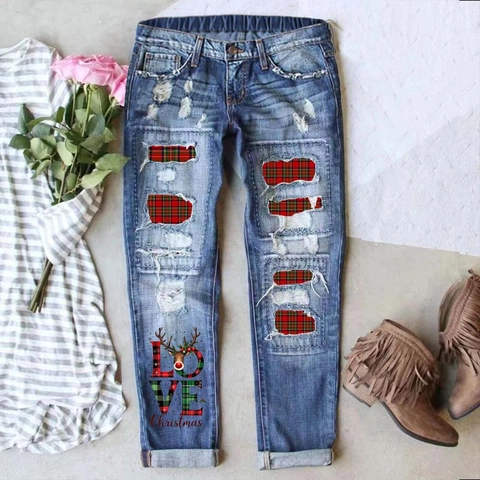 Pantaloni Donna Natale Jeans Strappati a Gamba Dritta Denim di Cotone Vita Media Patchwork a Quadri Stampa Renna Blu