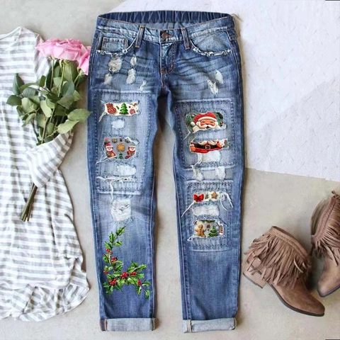Γυναικείο Τζιν με Χριστουγεννιάτικο Τύπωμα και Σκισίματα Βαμβακερό Πολυεστερικό Μεσαία Μέση Ίσιο Μπατζάκι Παντελόνι με Patchwork