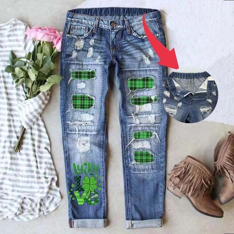 Jeans Strappati Donna San Patrizio Trifoglio Lucky In Love Pantaloni Denim Stampati Toppa a Quadri Verde Vita Elastica