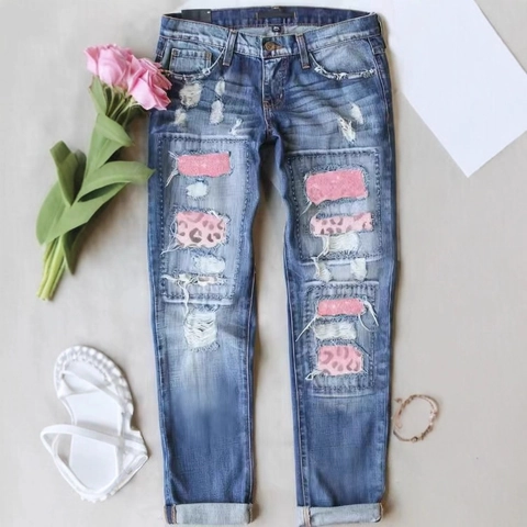 Women's Retro Distressed Patchwork Jeans Heart Leopard Print Straight Leg Sequin Denim Pants Mid Waist Casual Trousers