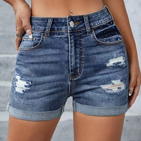 Pantaloncini di Denim Strappati da Donna Moda Vita Alta Lavati Blu Jean Shorts Con Orlo a Risvolto Casual Streetwear Shorts