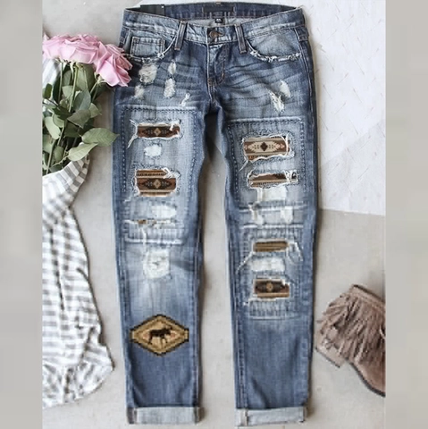 Jean Femme Coupe Droite Déchiré Style Bohème Imprimé Ethnique Pantalon Denim Délavé Patch Renne Jean Décontracté Revers