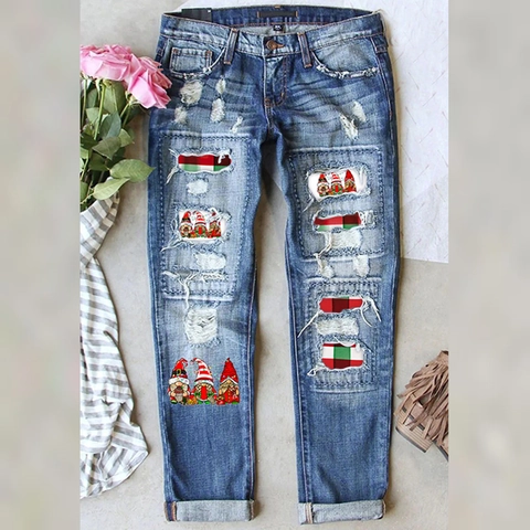 Women Christmas Gnome Print Ripped Straight Leg Jeans Washed Distressed Denim Pants With Plaid Patchwork Holiday Party