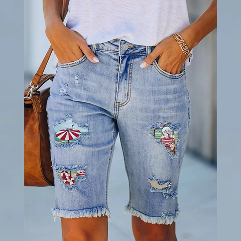 Bermudas de Mezclilla Casuales con Rotos para Mujer Estampado de Dibujos Animados Patrones de Papá Noel Sombrilla de Playa Azul Claro Jeans Dobladillo Deshilachado