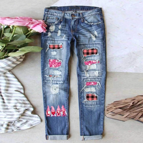 Women Christmas Ripped Jeans Washed Blue Denim Pants With Plaid Sequin Patch Gnomes Print Festive Casual Straight Trousers