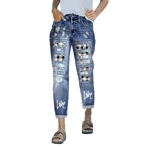 Damen Weihnachten Karo Patch Zerrissene Jeans Love Print Distressed Gerades Bein Denim Hose Casual Mittlere Taille Winter Streetwear