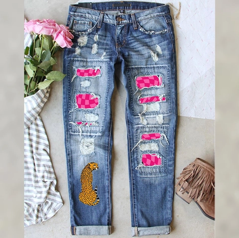 Pantaloni Donna Vita Media Gamba Dritta Jeans Distressed Rosa a Scacchi Stampa Leopardata Patchwork Strappati Lavati Denim Street