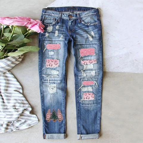 Women Christmas Ripped Straight Leg Jeans Distressed Denim Cotton Pants With Leopard Sequin Patch And Christmas Tree Print