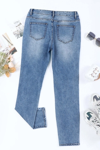 Pantaloni Jeans Donna a Gamba Dritta Strappati Con Stampa Cuore Rosa E Lettere XOXO Pantaloni Distressed a Vita Alta Casual