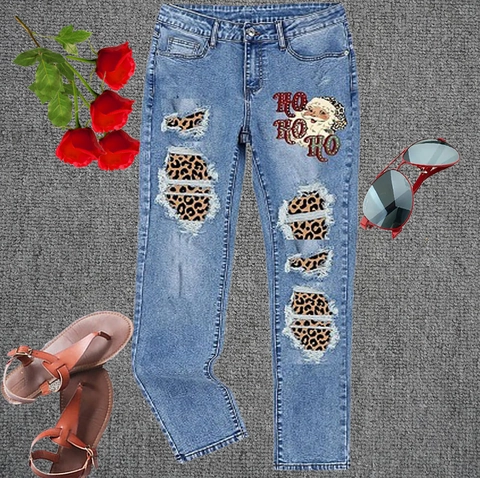 Women's Christmas Santa Print Ripped Jeans Leopard Patch Straight Leg Denim Pants Washed Distressed Light Blue Holiday Trousers