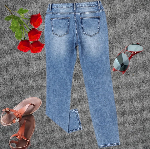 Women's Christmas Santa Print Ripped Jeans Leopard Patch Straight Leg Denim Pants Washed Distressed Light Blue Holiday Trousers