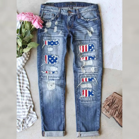 Jeans Femme Vintage Droit Déchiré Imprimé Drapeau Américain Étoiles Rayures Patchwork Pantalons Longs Denim