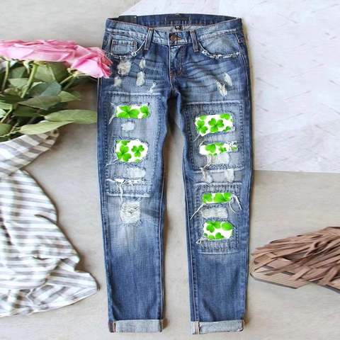 Damen St. Patrick's Day Kleeblatt Bedruckt Zerrissene Denim Jeans Casual Mittlere Taille Gerade Bein Waschen Denim Hose