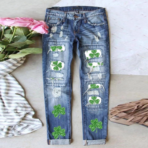 Damen St Patrick's Day Kleeblatt Print Ripped Straight Leg Jeans Distressed Mid Waist Baumwolle Denim Hose Holiday Streetwear