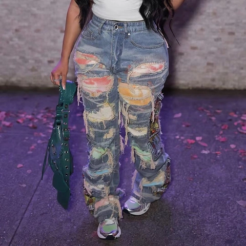 Women's High Waisted Distressed Patchwork Jeans Tie Dye Printed Straight Leg Washed Denim Pants Streetwear Trousers