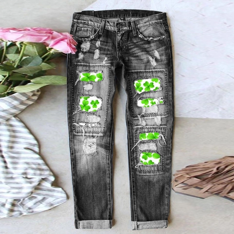 Jeans Donna Distressed San Patrizio Grigio Lavato Pantaloni Denim Gamba Dritta Con Toppa Stampa Trifoglio Strappati