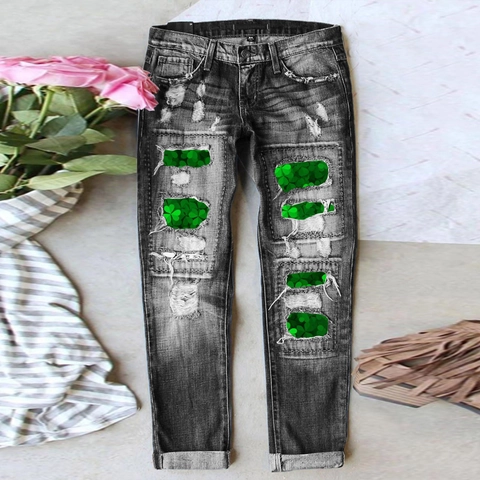 Women's St. Patrick's Day Clover Print Ripped Jeans Distressed Straight Leg Denim Pants Retro Streetwear Cotton Trousers