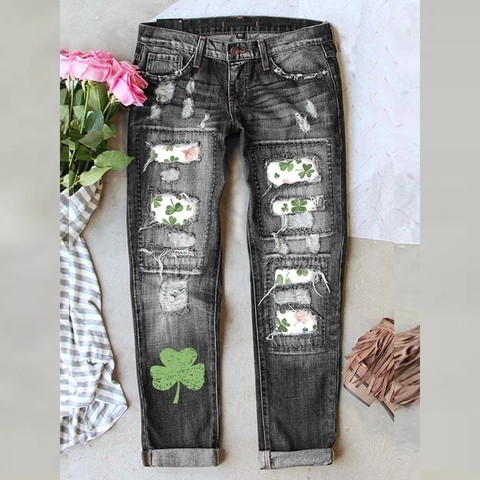 Dames Klaver Gescheurde Jeans Met Rechte Pijp Bedrukt Mid-rise St. Patrick's Day Feestelijke Casual Lange Broek