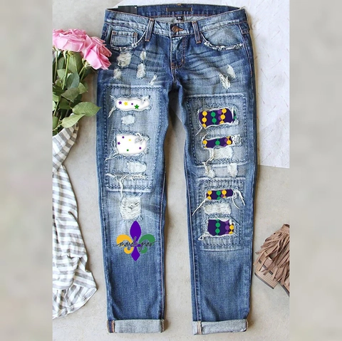 Women Mardi Gras Distressed Straight Leg Jeans Mid Waist Ripped Denim Pants With Fleur-de-lis Star Print Casual Trousers