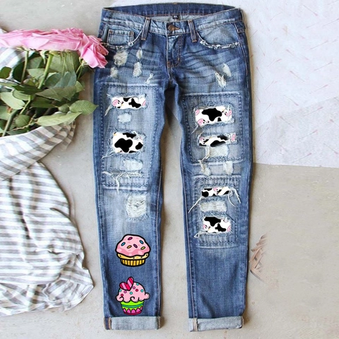 Jeans Strappati a Gamba Dritta da Donna Pantaloni Denim Distressed con Fodera Muccata e Stampa Cupcake Cartone Animato Streetwear
