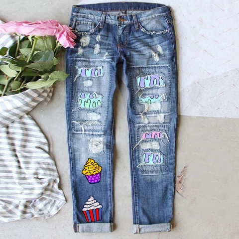 Women's Distressed Ripped Denim Jeans Cartoon Cupcake Printed Straight Leg Washed Blue Cotton Casual Streetwear Trousers