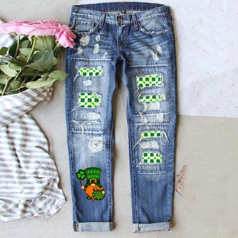 Damen St Patricks Day Zerrissene Jeans Kleeblatt Gnom Druck Distressed Denim Gerade Hosen Vintage Streetwear Blaue Jeans