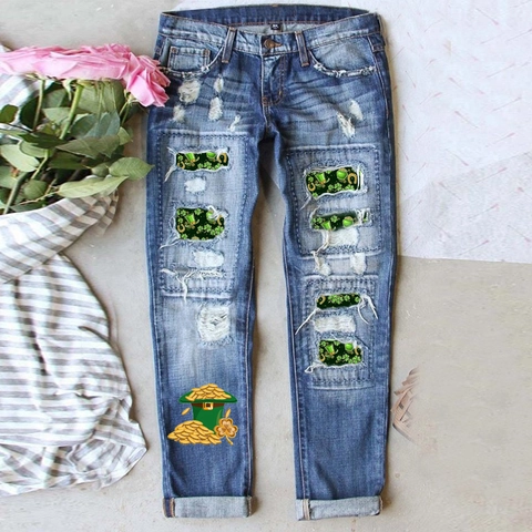 Pantaloni da Donna per San Patrizio in Denim Lavato Blu Strappati Dritti con Stampa a Trifoglio Casual in Cotone per le Vacanze