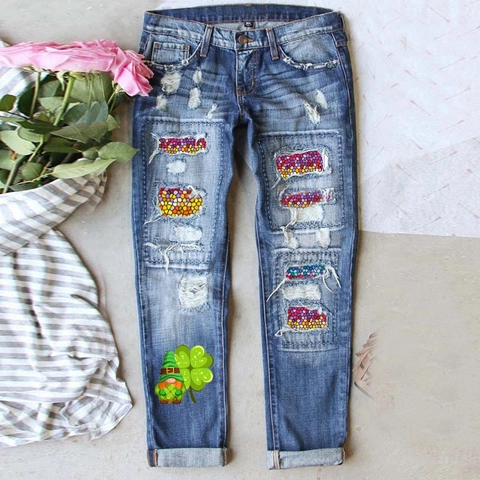Jeans Strappati da Donna San Patrizio Blu Denim a Gamba Dritta Con Stampa di Gnomo Trifoglio Pantaloni Casual Lavati