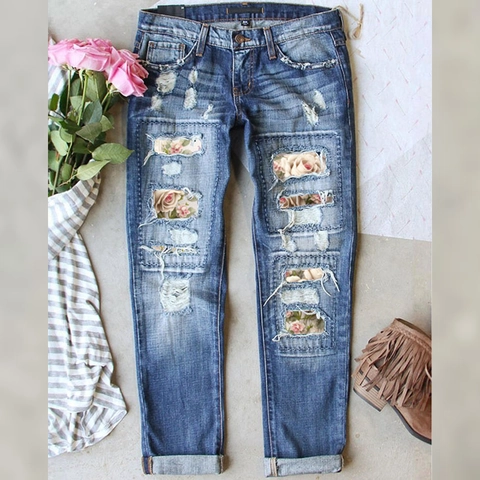 Damen Mid Waist Straight Leg Jeans Mit Zerrissen Rose Blumen Patchwork Washed Hellblau Denim Hose