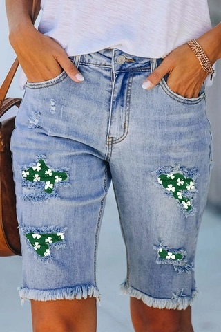 Pantaloncini Jeans Donna San Patrizio Azzurro Lavato Vita Media Orlo a Vivo Bermuda Shorts Con Patch Trifoglio