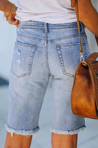 Shorts Bermudas de Mezclilla Rotos para Mujer Estampado Trébol Día de San Patricio Azul Claro Borde en Bruto Cintura Media