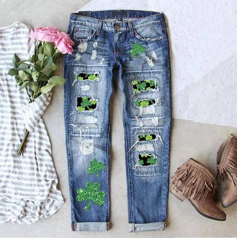Jeans Denim Donna St. Patrizio con Stampa Trifoglio Strappati Casual Vita Media Distressed Gamba Dritta Pantaloni in Misto Cotone