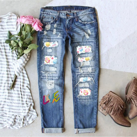 Jeans Strappati di Pasqua da Donna Pantaloni in Denim di Cotone a Gamba Dritta Con Stampa di Coniglietto e Uovo di Pasqua